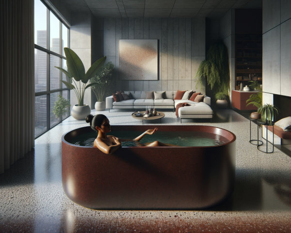 Modern Living Space with Elegant Red Bathtub