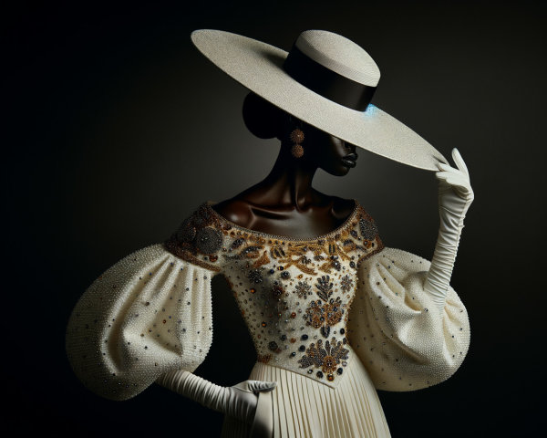 Elegant gown on mannequin with intricate beading and hat