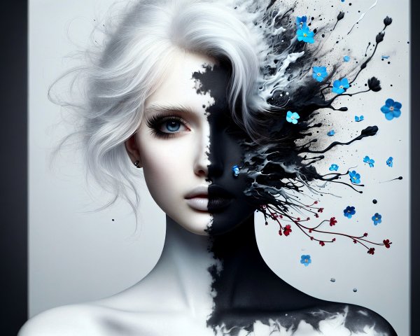 Artistic Representation of a Split Face with Flowers