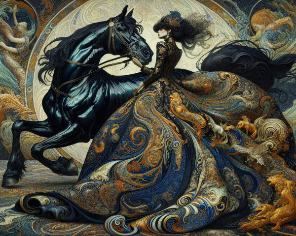 Majestic Woman in Gown on Black Horse with Creatures