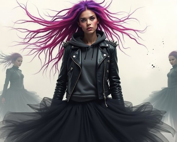 Young woman in edgy attire with dynamic silhouettes