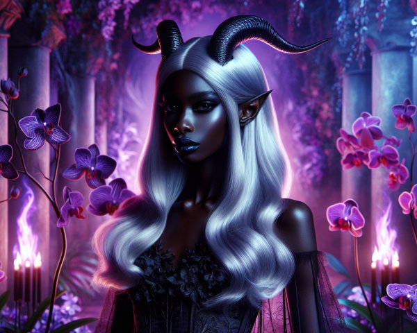 Black-skinned woman with horns among purple orchids