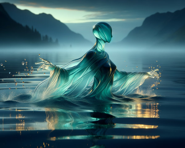 Serene Figure in Translucent Fabrics by Calm Waters