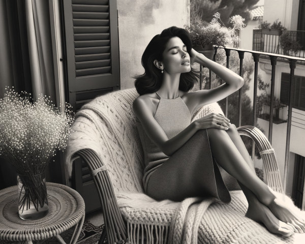 Serene Black-and-White Balcony Scene with Woman