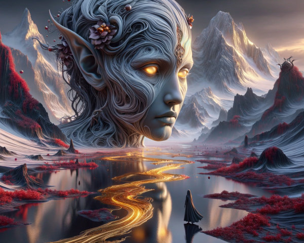 Surreal Landscape with Colossal Floral Head and River