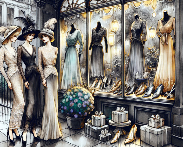 Elegant Women Admiring Dresses at Vintage Boutique