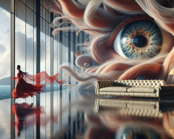 Modern Room with Glass Walls and Surreal Mural