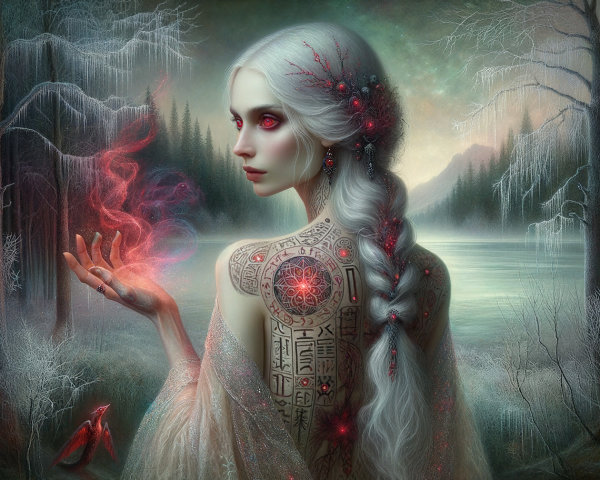 Mystical figure by serene icy lake with glowing eyes