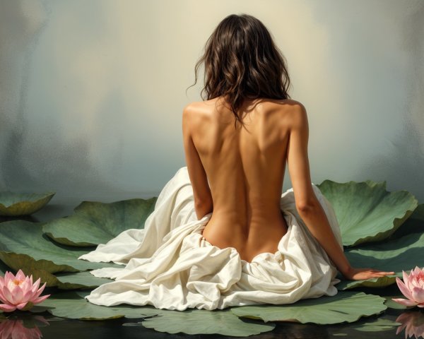Woman on Lily Pads with Lotus Flowers in Tranquil Setting