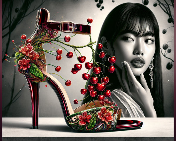 High-Heeled Sandal with Floral Designs and Cherries