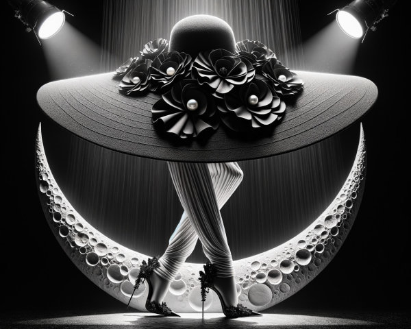 Black and White Fashion Scene with Moon Backdrop