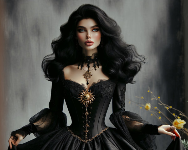 Gothic Young Woman in Black Dress Against Gray Wall