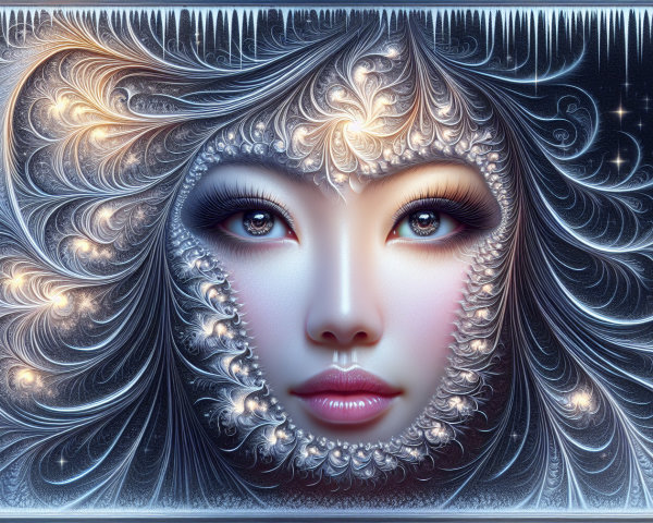 Ethereal Digital Face with Floral and Icy Motifs