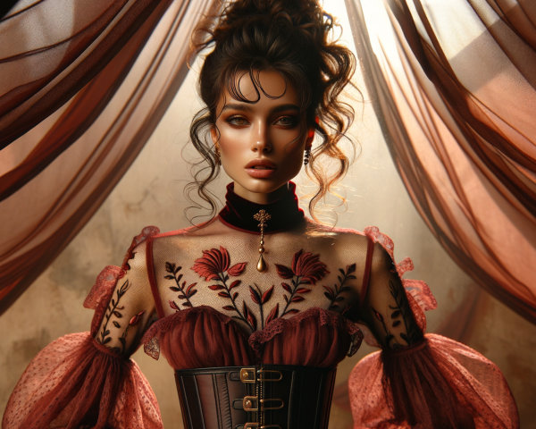 Model in Embroidered Burgundy Gown with Dramatic Lighting