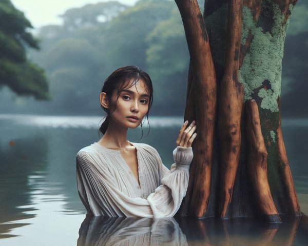 Young Woman in Calm Water Surrounded by Greenery