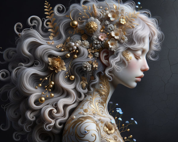 Surreal Portrait of Woman with Intricate Hair and Flowers