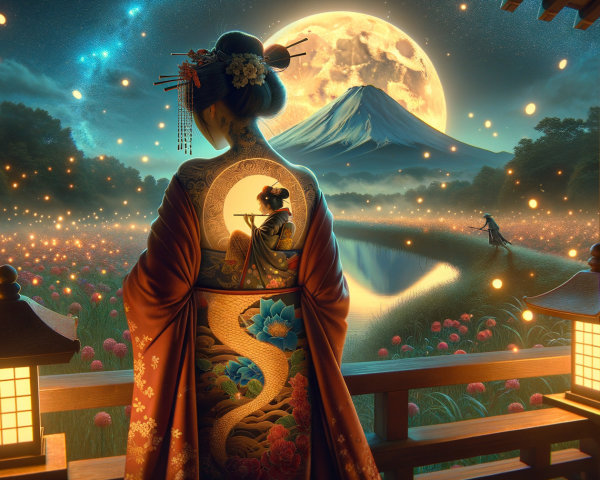 Woman in Kimono Overlooking Tranquil Landscape at Night