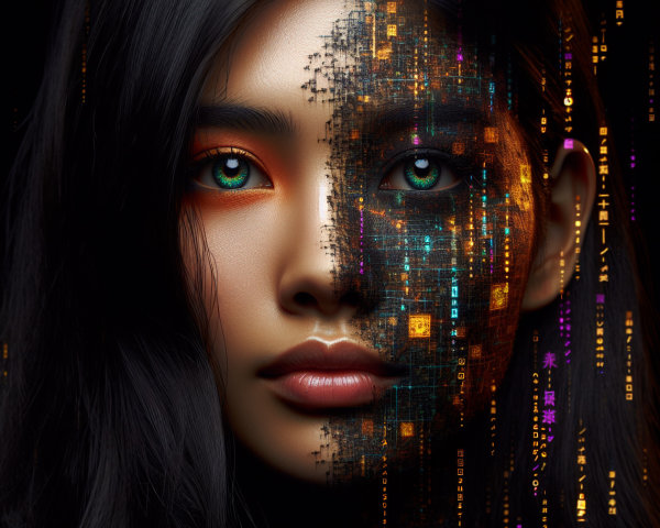 Close-Up of a Woman's Face with Digital Patterns