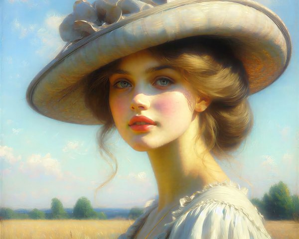 Oil Painting of a Young Woman in a Wide-Brimmed Hat