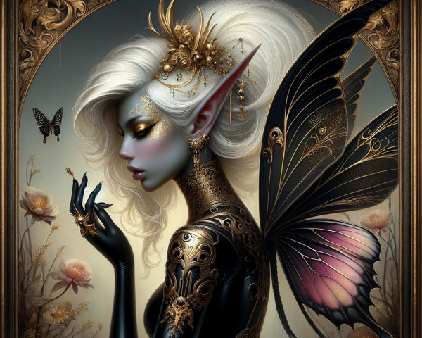 Portrait of an Elf-like Fairy with Butterfly Wings