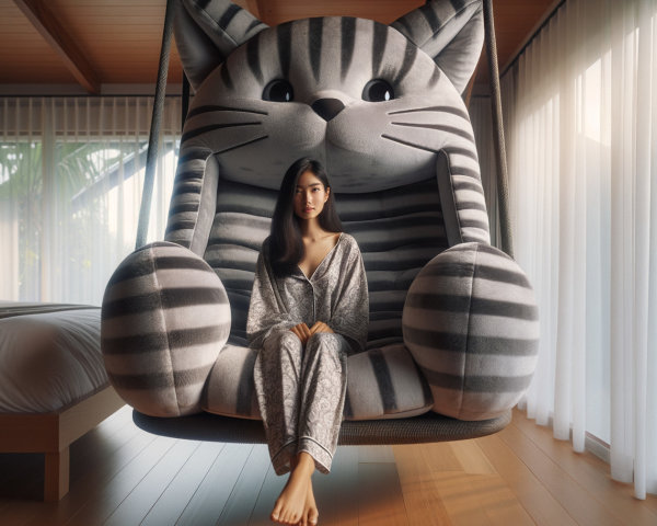 Indoor Scene with Woman on Cat-Shaped Swing