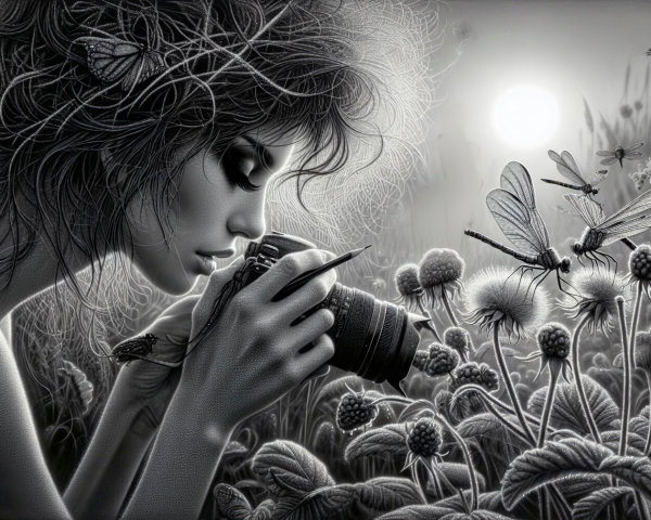 Monochromatic Scene of Woman with Camera in Nature