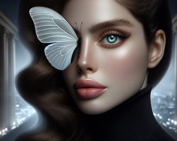 Close-Up of a Woman with Glamorous Hair and Butterfly