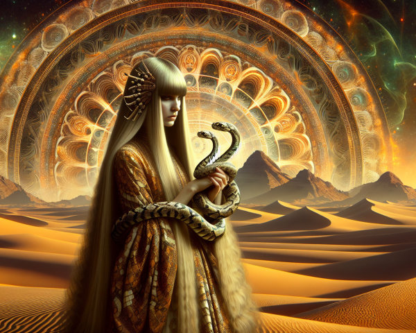 Mystical Figure in Desert with Cosmic Mandala and Pyramids