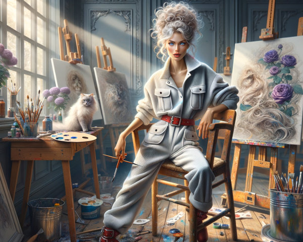 Artist in Studio with Cat and Colorful Art Supplies