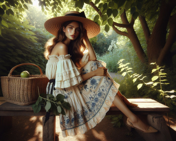 Young woman in floral dress on rustic bench