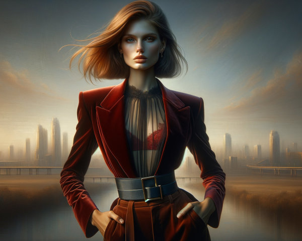 Model in Burgundy Suit Against Sunset Cityscape