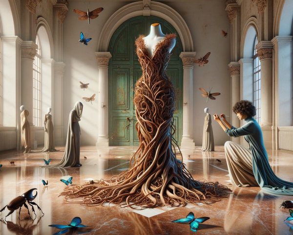 Dress Made of Roots in Sunlit Hall with Creatives