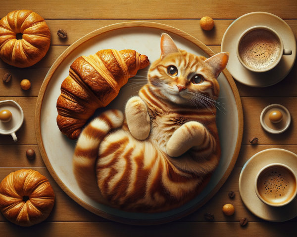 Ginger Cat Curled on Plate with Pastries and Coffee