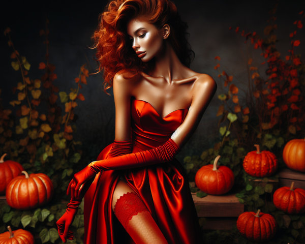 Elegant Model in Red Dress Surrounded by Autumn Foliage