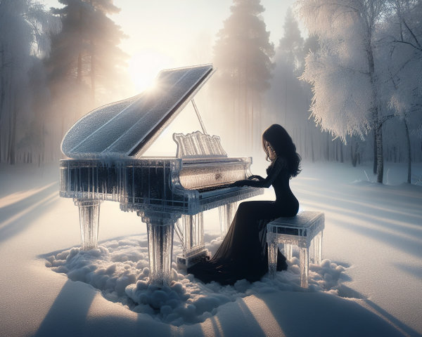 Winter Landscape with Woman Playing Icy Grand Piano