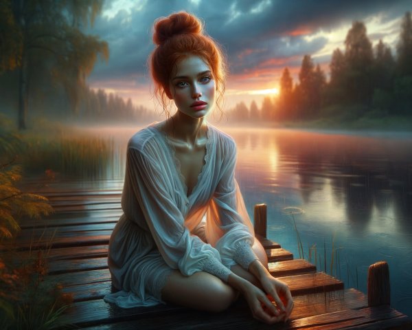 Young woman by serene lake at sunset on wooden dock