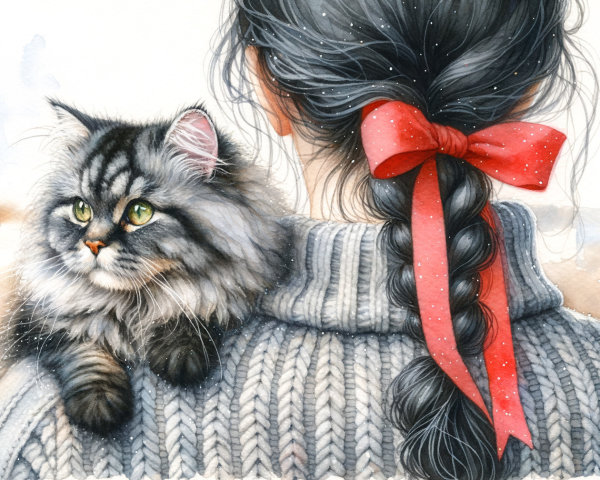 Young woman with braided hair and tabby cat illustration