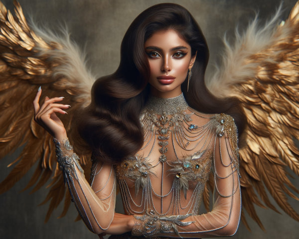 Model with Golden Wings in Glamorous Outfit