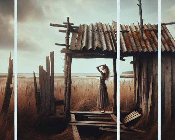 Young woman in doorway of abandoned structure