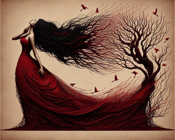 Woman in Red Gown with Swirling Tree Branches
