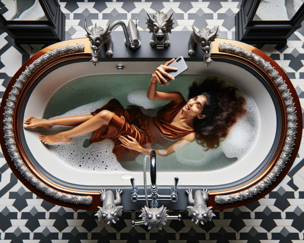Woman in Bathtub with Bubbles and Smartphone