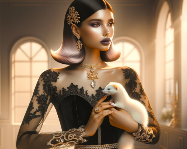 Elegant Woman in Lavishly Decorated Room with Ferret