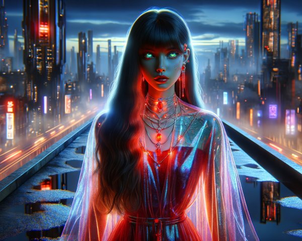 Futuristic cityscape with glowing figure in red gown