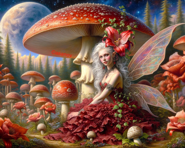 Fairy in Red Gown Amidst Vibrant Forest Scene