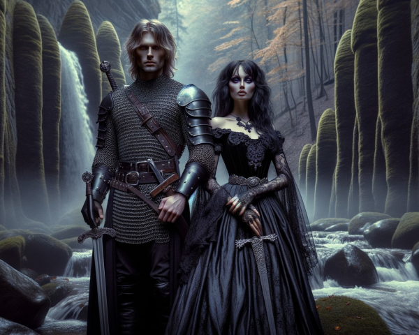 Knight and Woman in Mystical Forest Setting