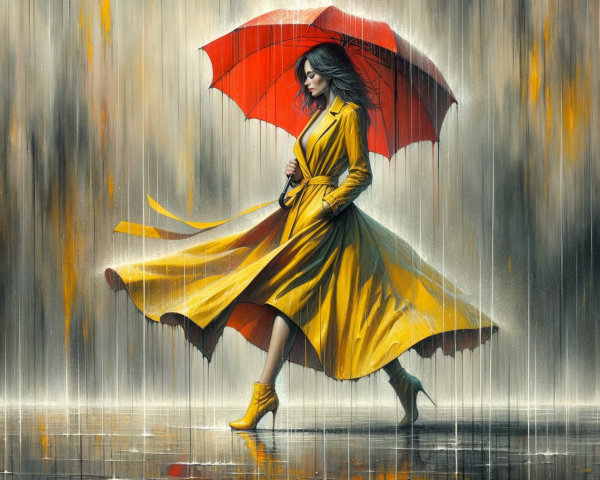 Stylish Woman in Yellow Trench Coat on Rainy Street