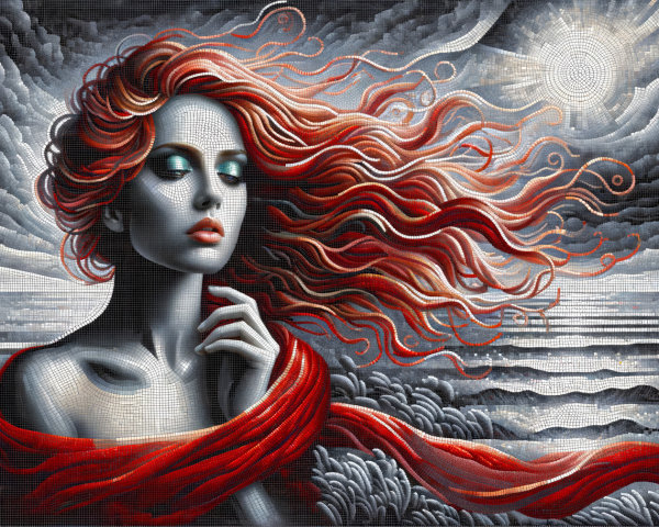Portrait of a Woman with Red Hair and Dramatic Sky