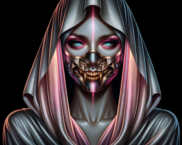 Futuristic figure with metallic hood and intricate mask