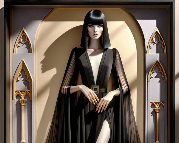 Fashionable figure in black gown within ornate archway