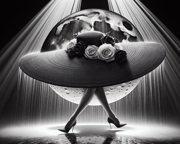 Surreal Scene of Figure with Oversized Hat and Moon
